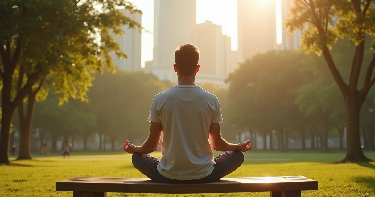 Person practicing meditation calmly while sitting in a city park