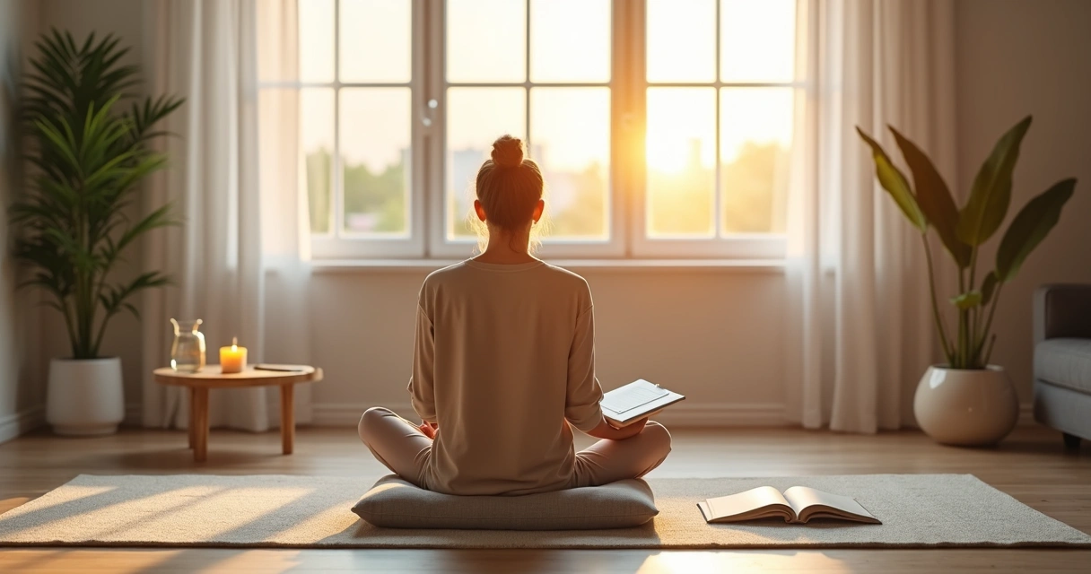 Person sitting on a meditation cushion journaling before practice 