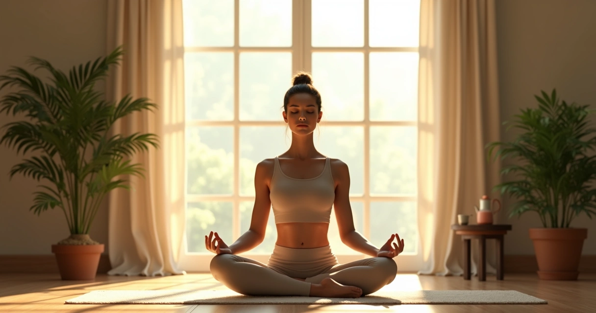 Person meditating alone in a peaceful room next to a large window
