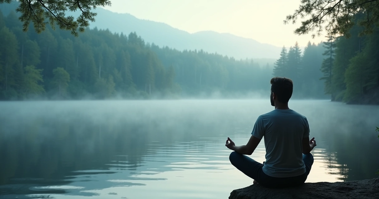 Person meditating by a forest lake 