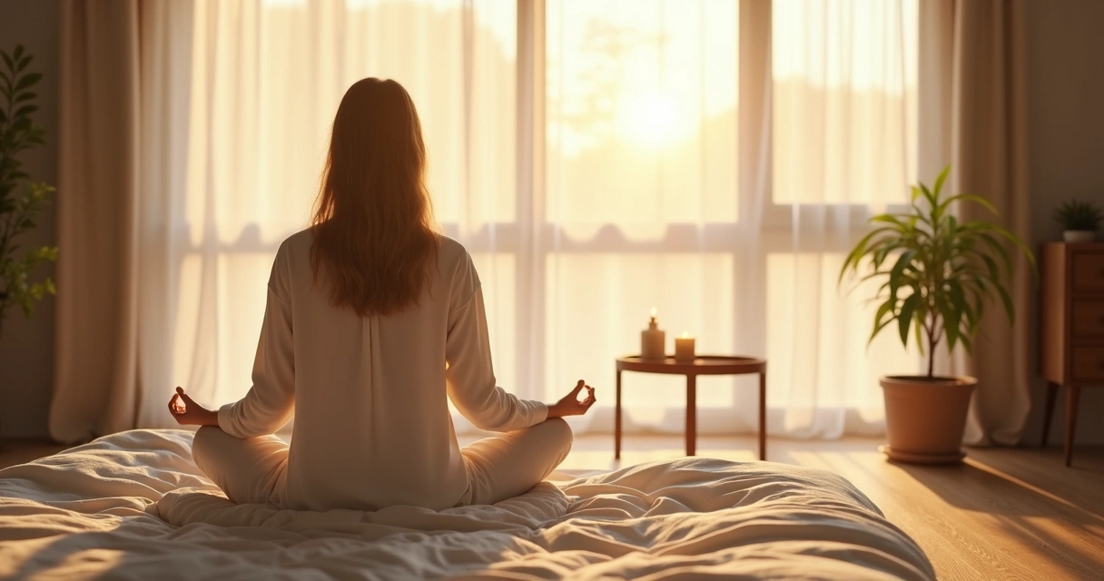 Sun rises over a peaceful room with a person practicing morning meditation. 