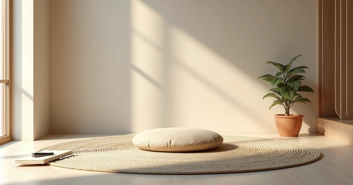 Simple meditation room with cushion, plant, and soft natural light 