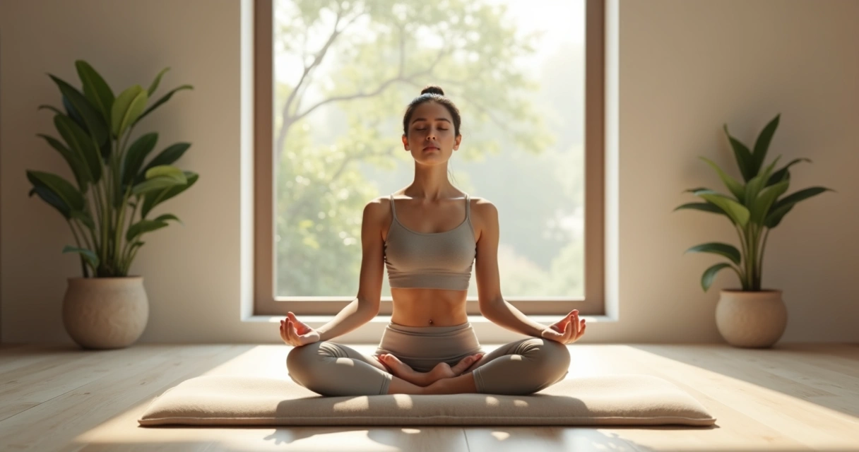 Person sitting cross-legged on a cushion, eyes closed, serene light 