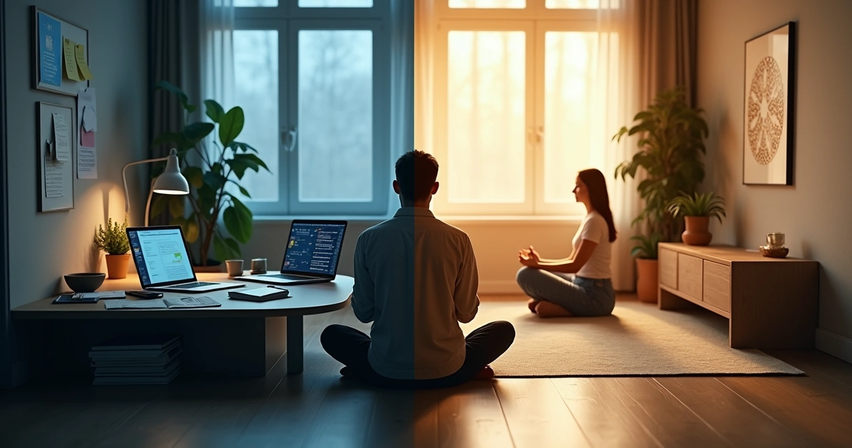 Room divided into chaotic and calm sides reflecting different stress and meditation styles 