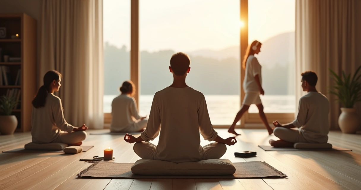 Person sitting in meditation surrounded by different meditation styles 