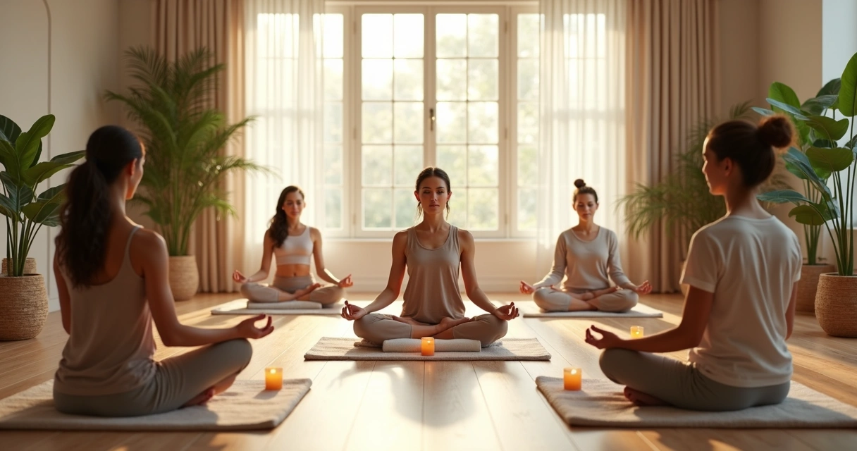Six meditation styles shown in a calm studio setting