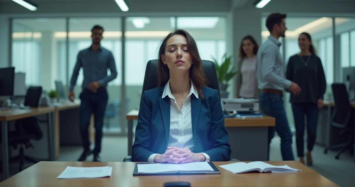 Person meditating at office desk during break