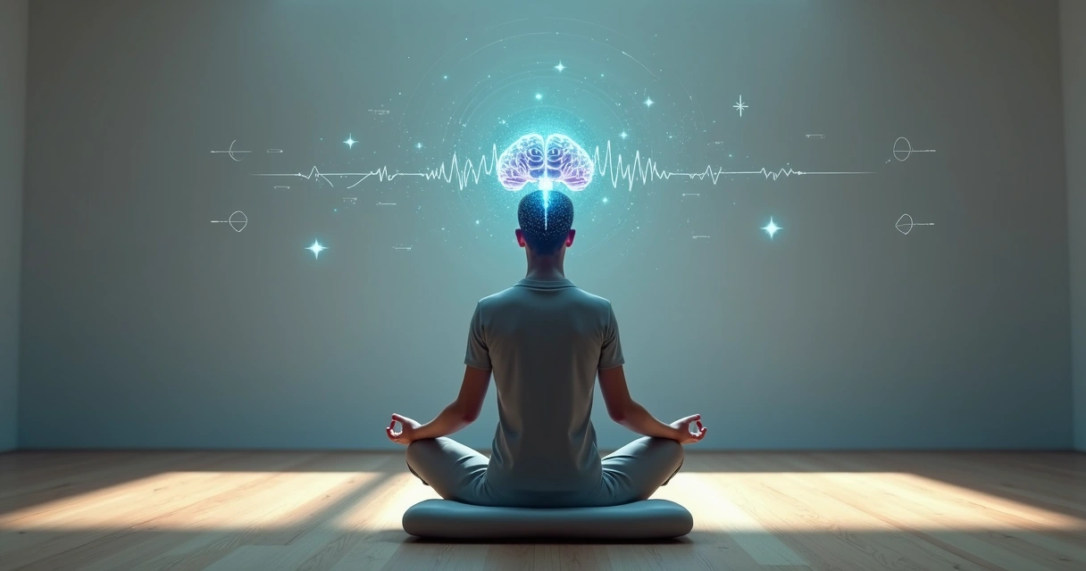 Person meditating with transparent brain and neural connections glowing 