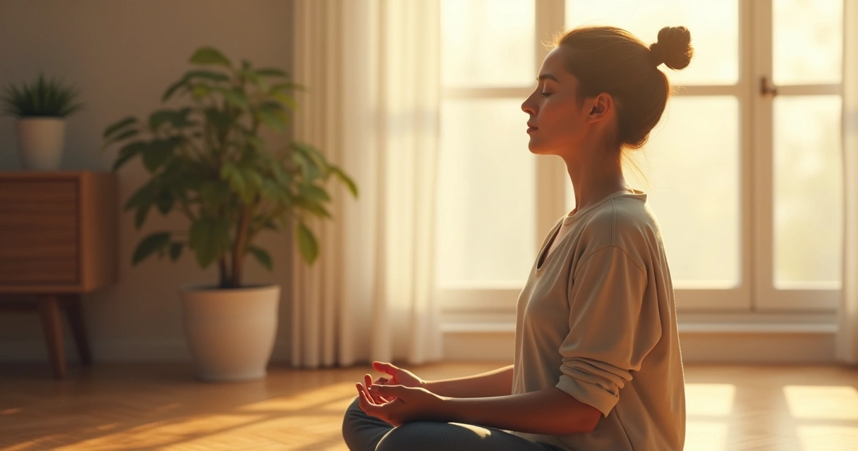 Person practicing meditative breathing in a calm space 