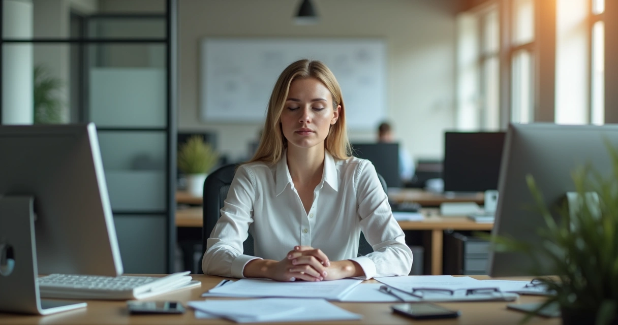 Person sitting upright at a desk, eyes closed and breathing deeply amid computer screens in a modern office 