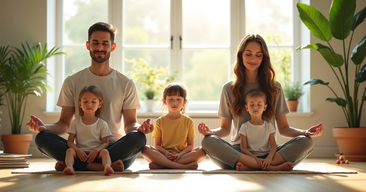 Family peacefully meditating together in a bright living room 