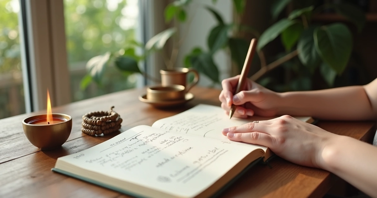 Person journaling with meditation items on a wooden table 