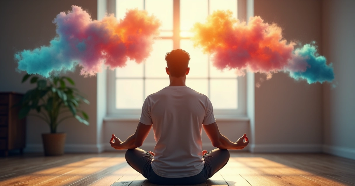 A person sitting calmly in meditation, colorful abstract shapes swirling around, representing emotions being observed 