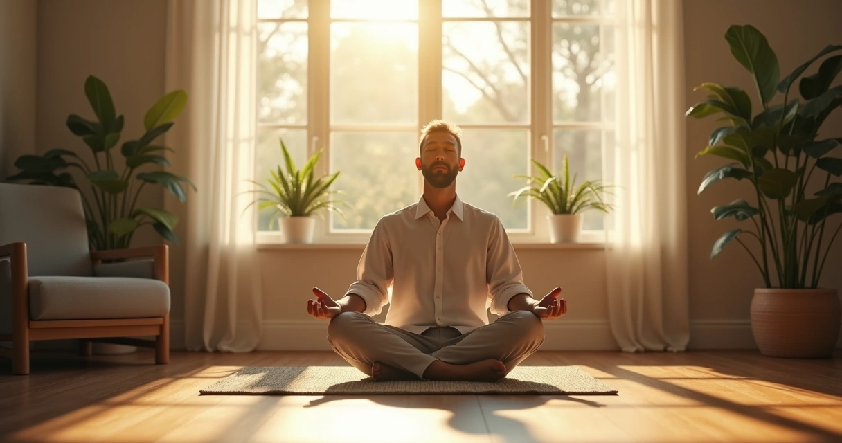 Person sitting quietly with eyes closed in meditation in a sunlit room 