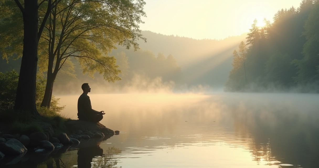 Person peacefully meditating in nature 
