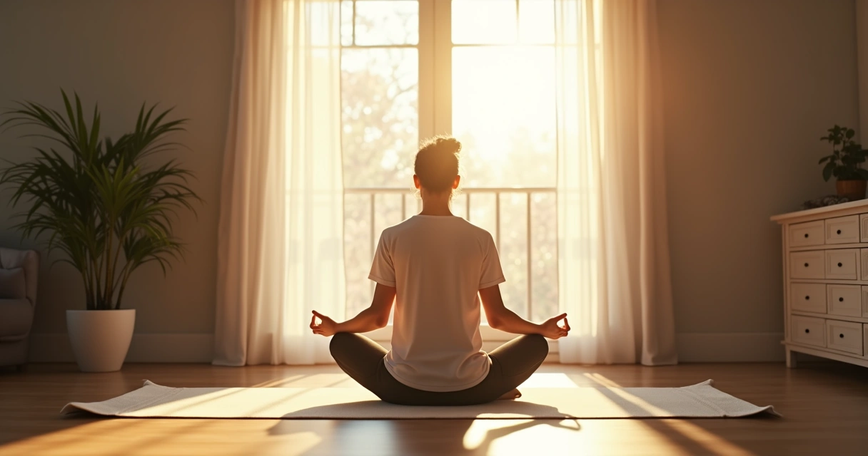 Person sitting in meditation, morning light streaming through window 