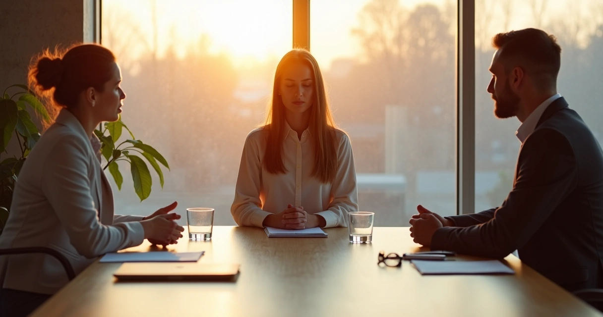Two people in a tense meeting softening as a mediator practices calm meditative presence 