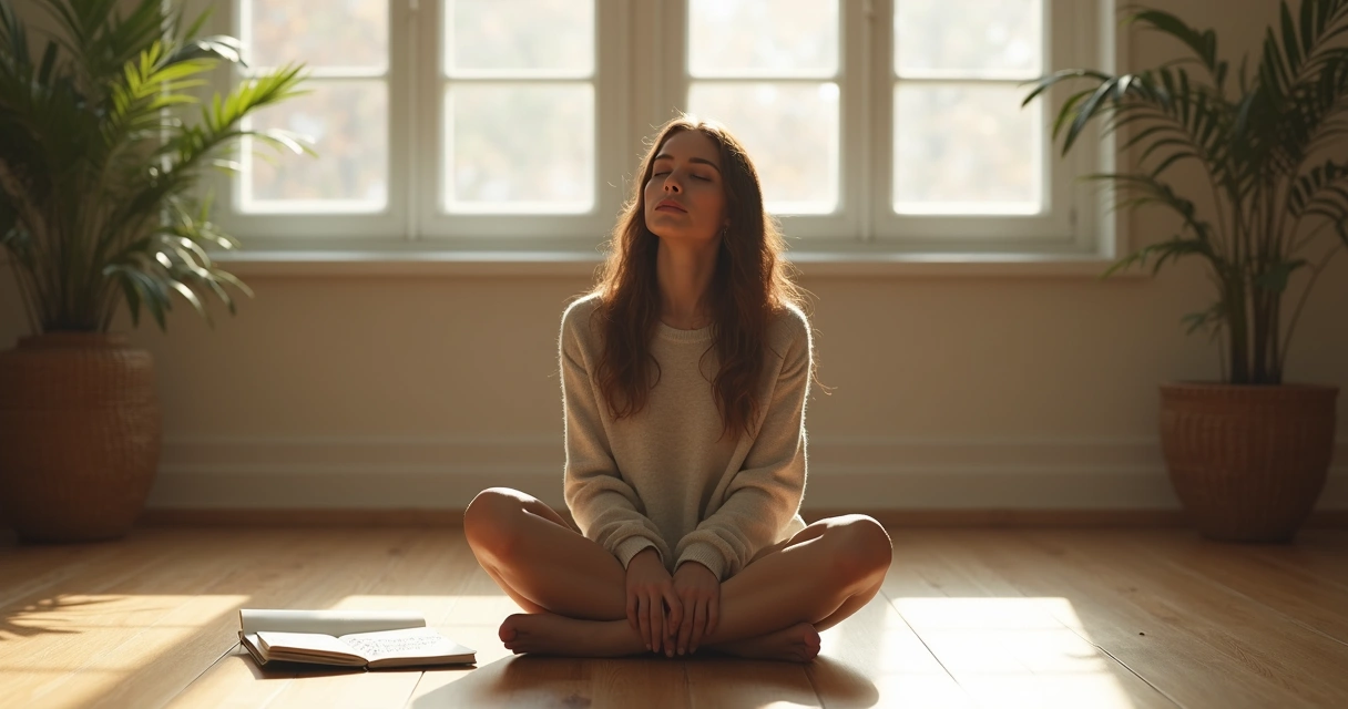 Woman sitting cross-legged in quiet room reflecting deeply. 
