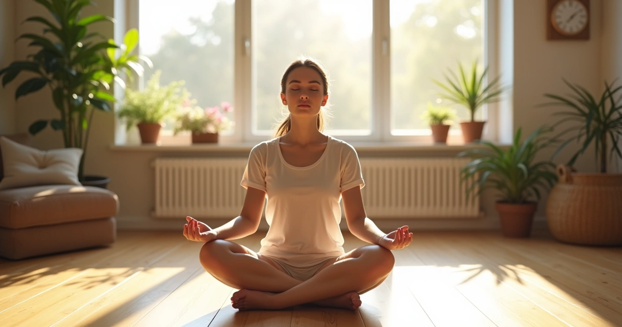 Woman practicing mindfulness in a quiet room. 