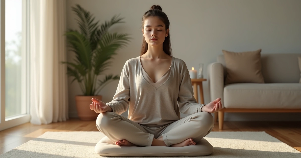 Person meditating indoors gently noticing body sensations 