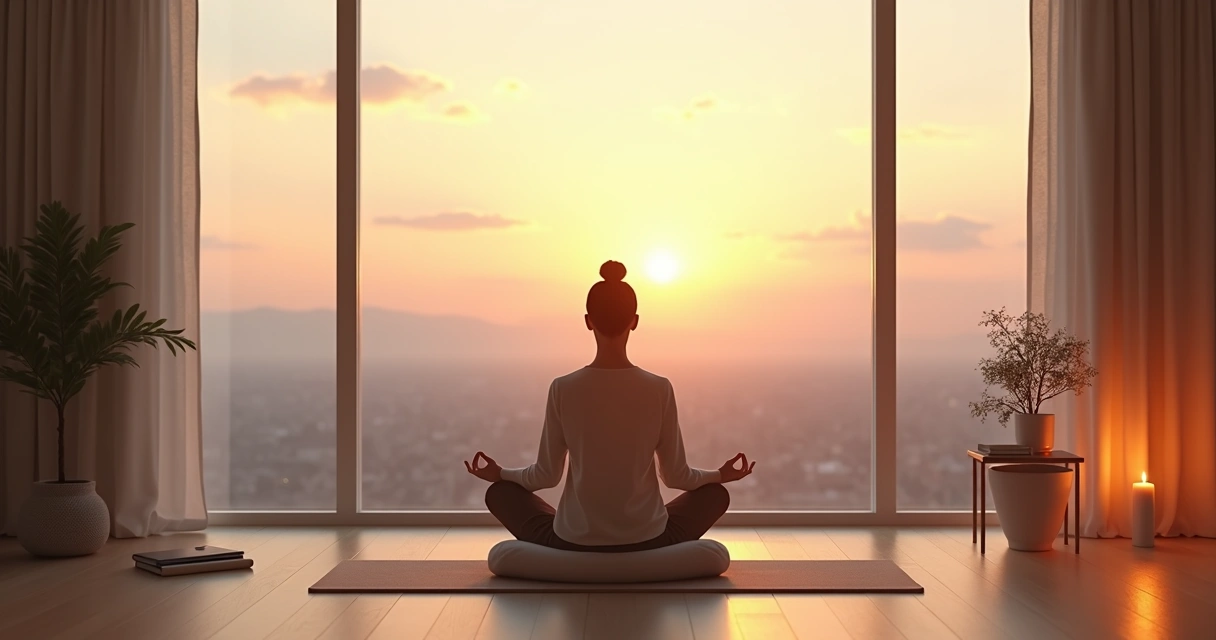 Person restarting meditation at dawn in a calm minimalist room 