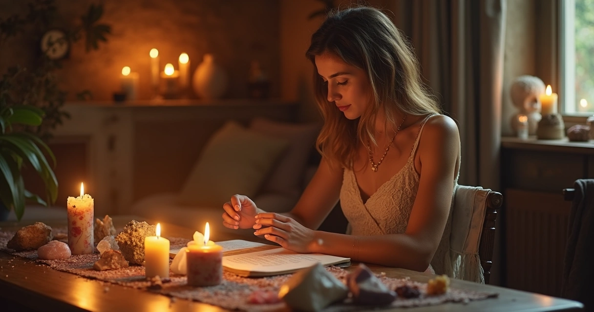 Médium em conexão espiritual em ambiente acolhedor, sentado à mesa com velas e objetos rituais 