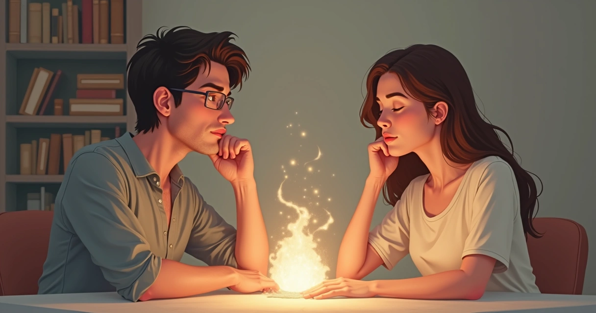 Duas pessoas sentadas em posições meditativas, uma com olhos abertos e expressão atenta, outra de olhos fechados em estado de transe 