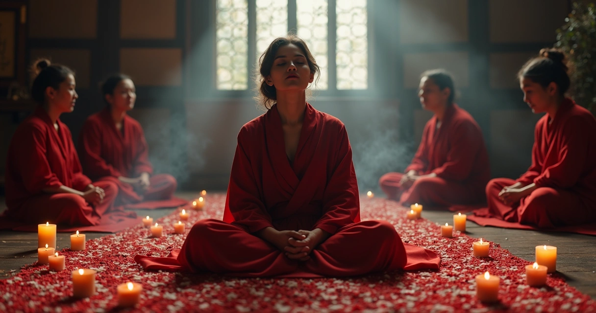 Medium incorporating Pomba Gira during spiritual ritual with vibrant clothing and candles