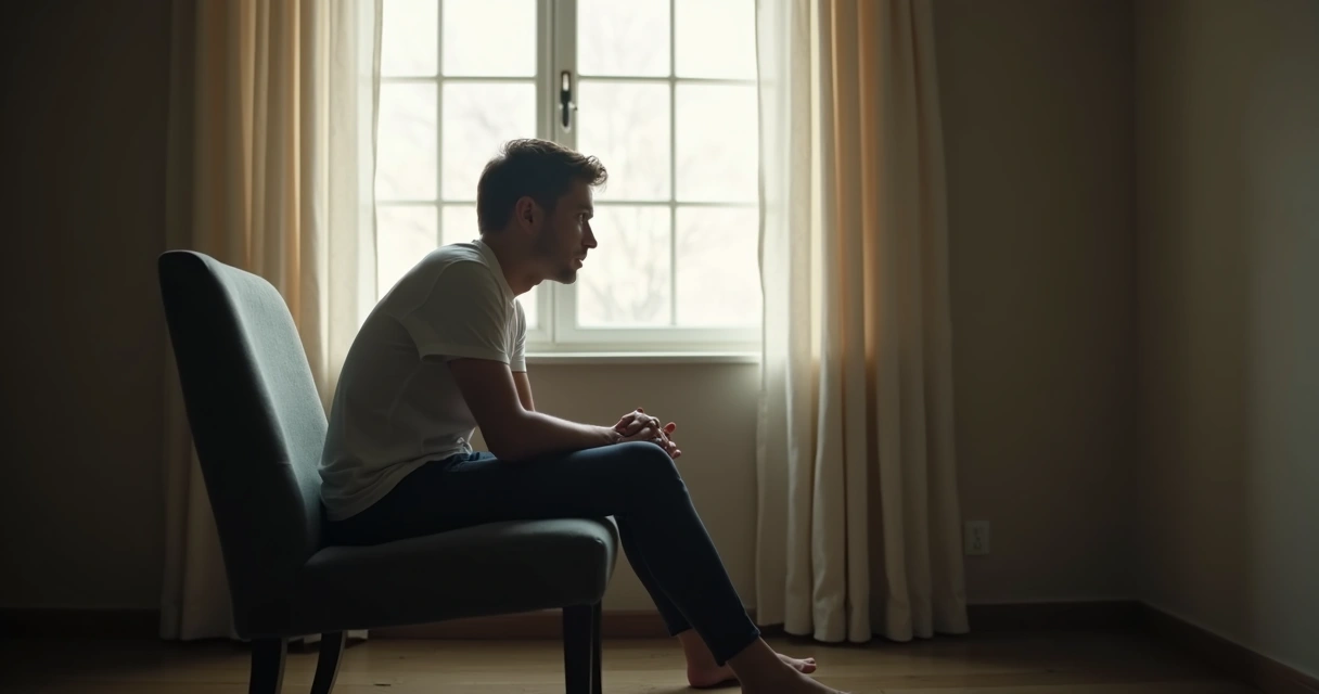 Pessoa sentada, olhando pela janela, rosto parcialmente oculto pela luz suave 