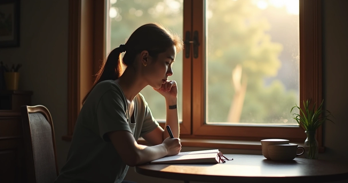 Pessoa sentada refletindo em um ambiente calmo, luz suave destacando o rosto 