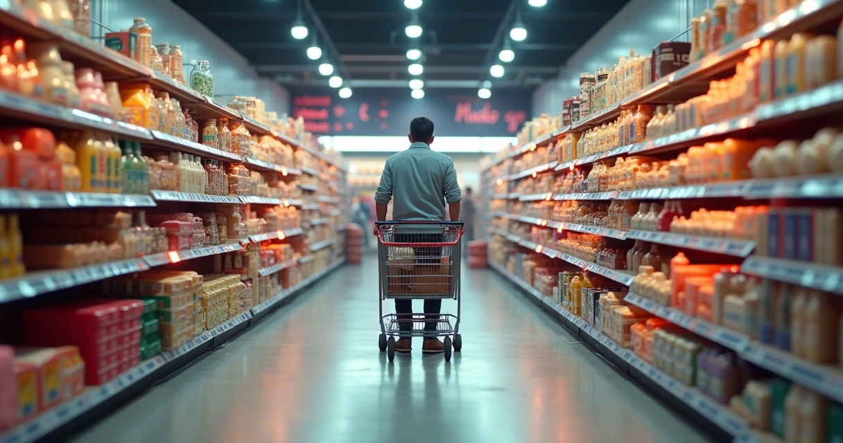 Corredor de supermercado com consumidor cercado por avisos digitais alarmistas 