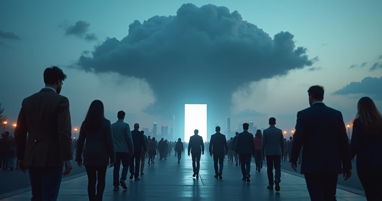 Eleitores caminhando em direção a urna eletrônica envolta por nuvem escura 