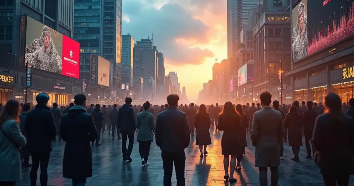 Multidão em cidade moderna com parte das pessoas agitadas e parte em atitude calma e conectada 