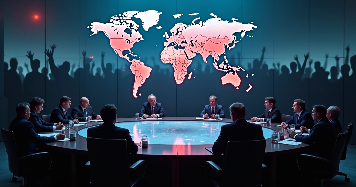Lideres em mesa redonda diante de mapa mundial com multidão em sombra ao fundo 