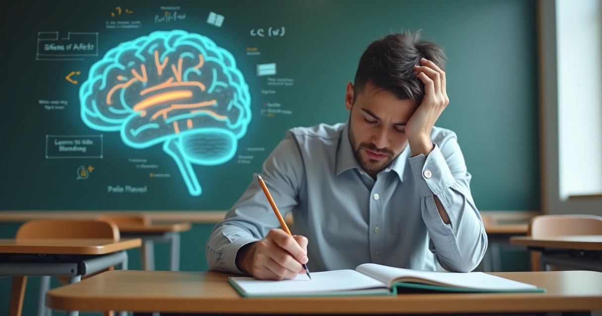Pessoa estudando com expressão de medo em sala de aula e cérebro desenhado ao fundo 