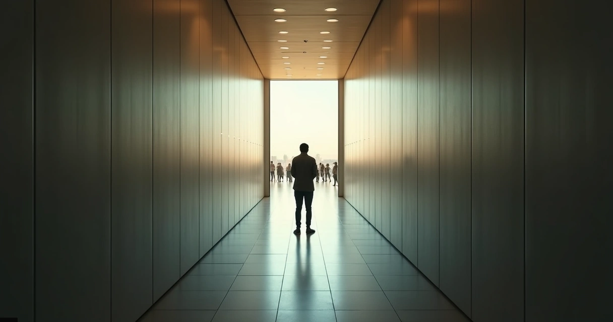 Pessoa diante de espelho dividido entre luz e sombra em corredor alongado 
