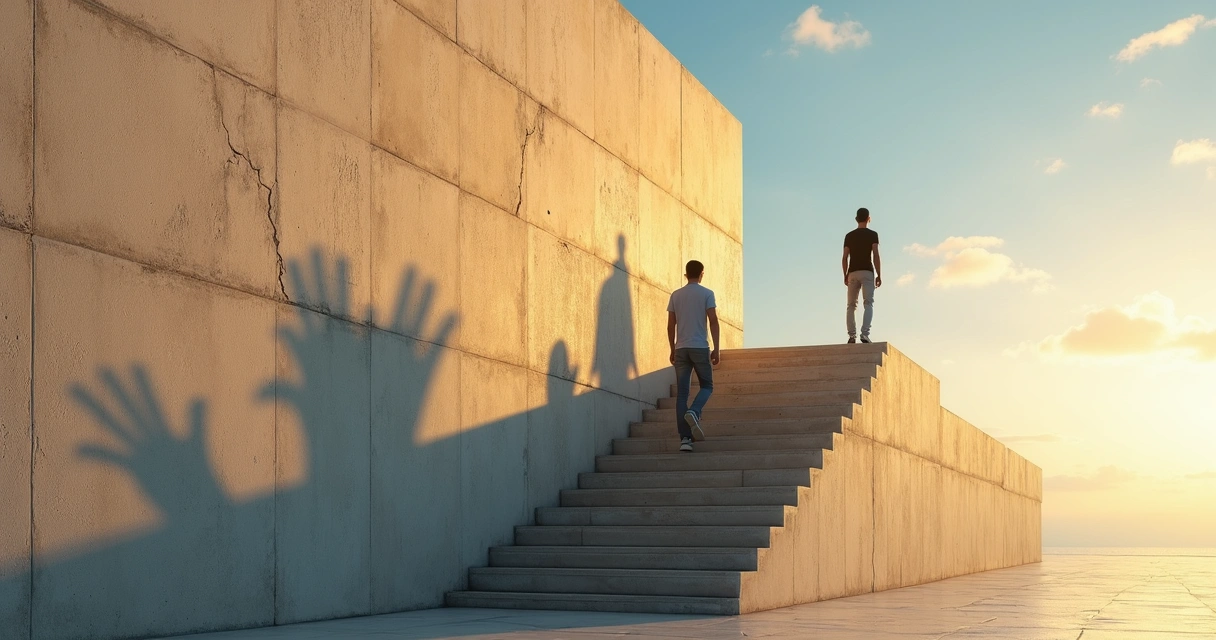 Pessoa subindo escada alta diante de muro com sombras projetadas de medo 