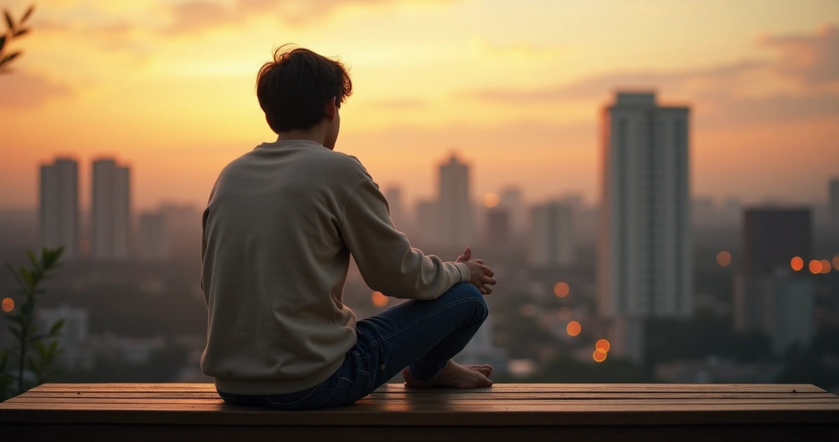 Pessoa refletindo sozinha em um banco olhando para a cidade ao fundo 