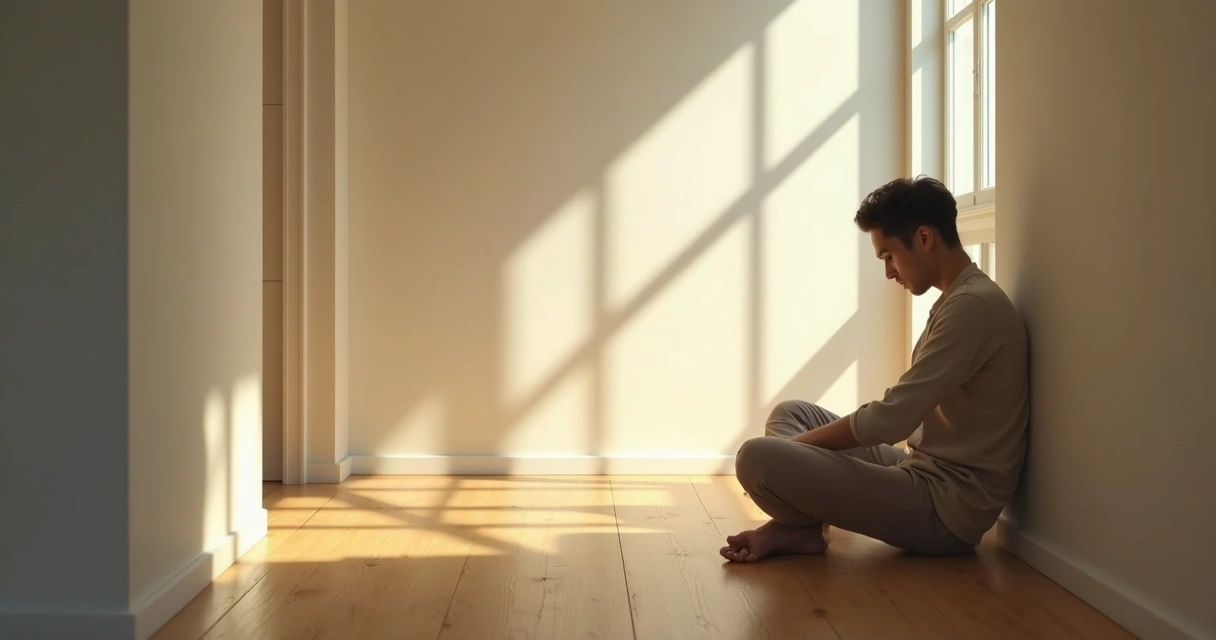 Pessoa sentada no chão encostada na parede dividida entre luz e sombra 