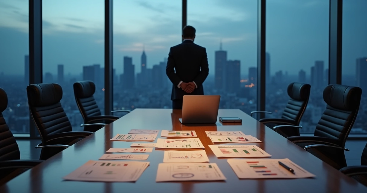 Líder em sala de reunião diante de decisão estratégica complexa 