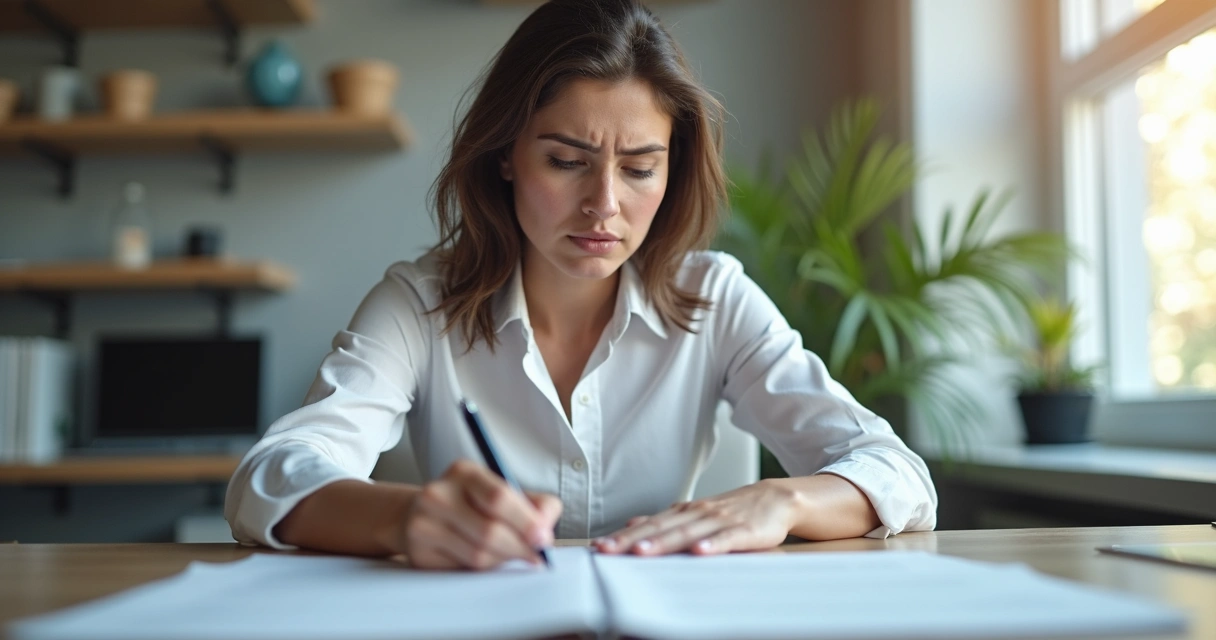 Executivo sentado à mesa com expressão pensativa, segurando uma caneta sobre papéis 