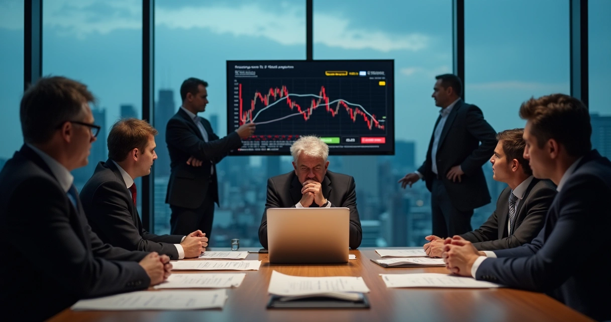 Executivos em sala de reunião sombreada analisando gráficos com expressão tensa 