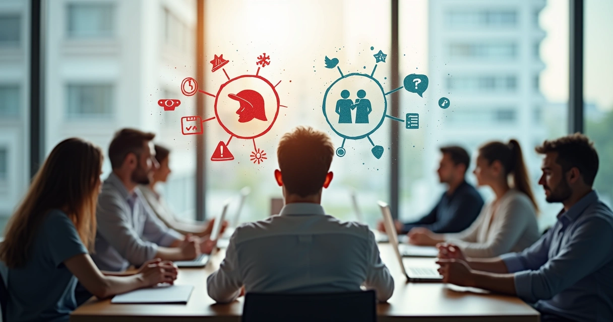 Grupo em reunião com uma pessoa destacada em dúvida diante de múltiplos caminhos 