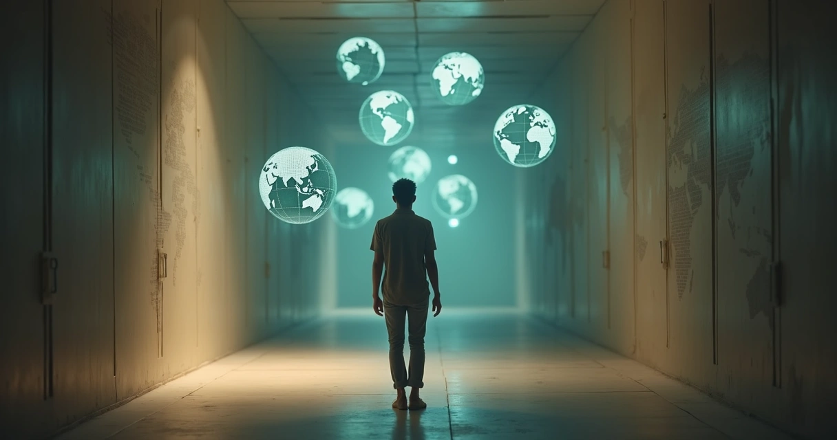 Pessoa diante de corredor escuro observando globos terrestres iluminados suspensos 