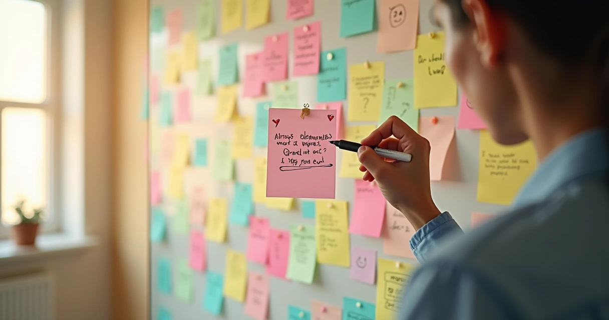 Pessoa diante de parede de post-its coloridos, apagando anotações com cuidado 