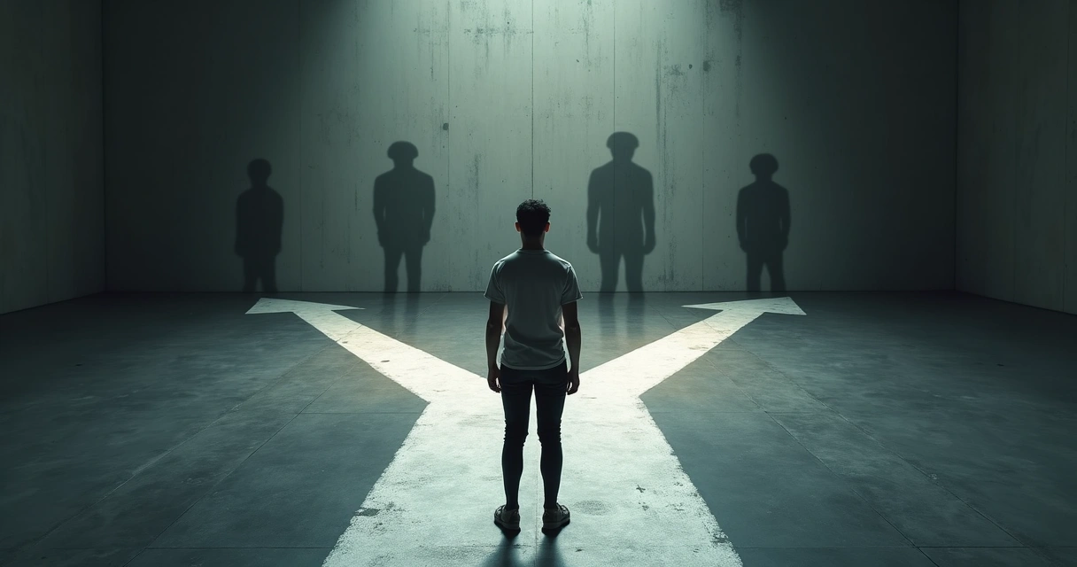 Pessoa em encruzilhada refletindo sobre escolhas com sombras projetando medo 