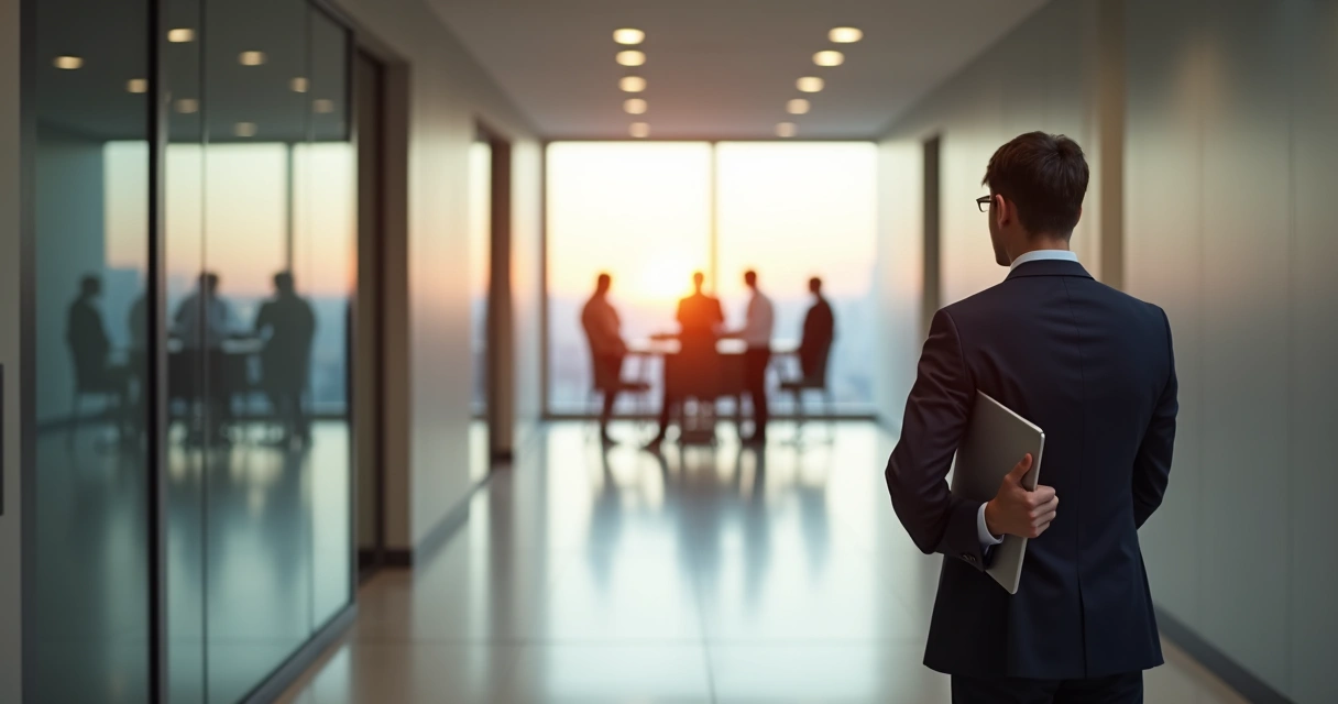 Profissional parado em corredor corporativo observando grupo reunido ao fundo 