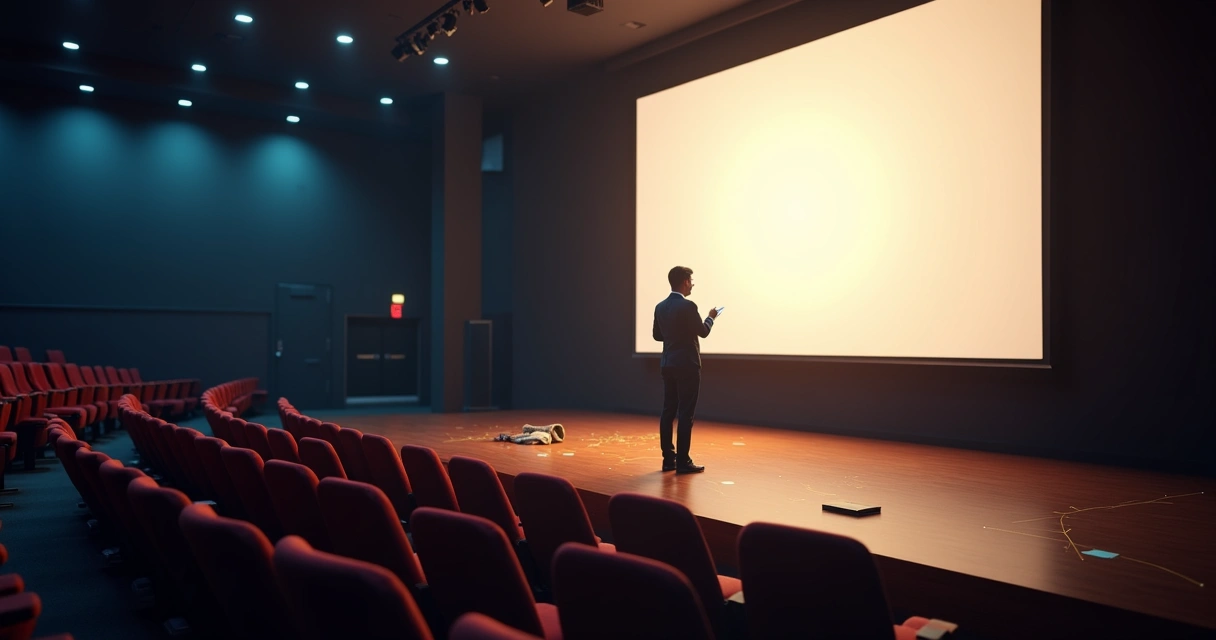 Pessoa em auditório vazio ensaiando apresentação diante de luz de palco 