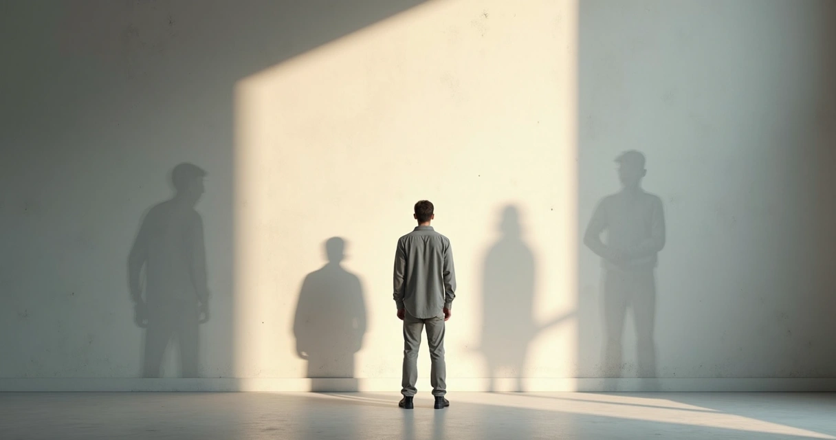 Pessoa diante de parede com sombras projetando versões de si mesma em diversas posturas de medo e coragem 