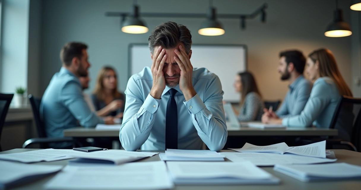 Profissional inseguro olhando documentos na mesa de trabalho 